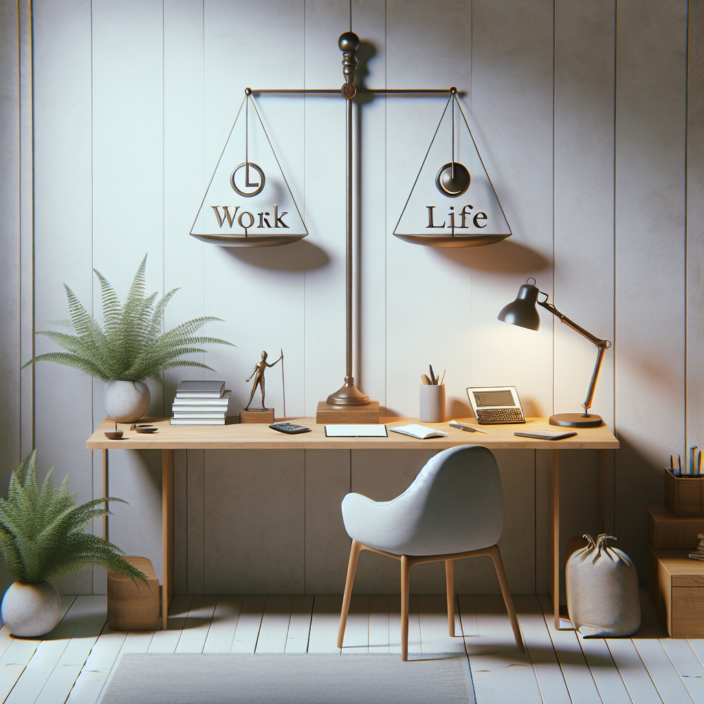 A serene workspace with a balance scale featuring work and life elements