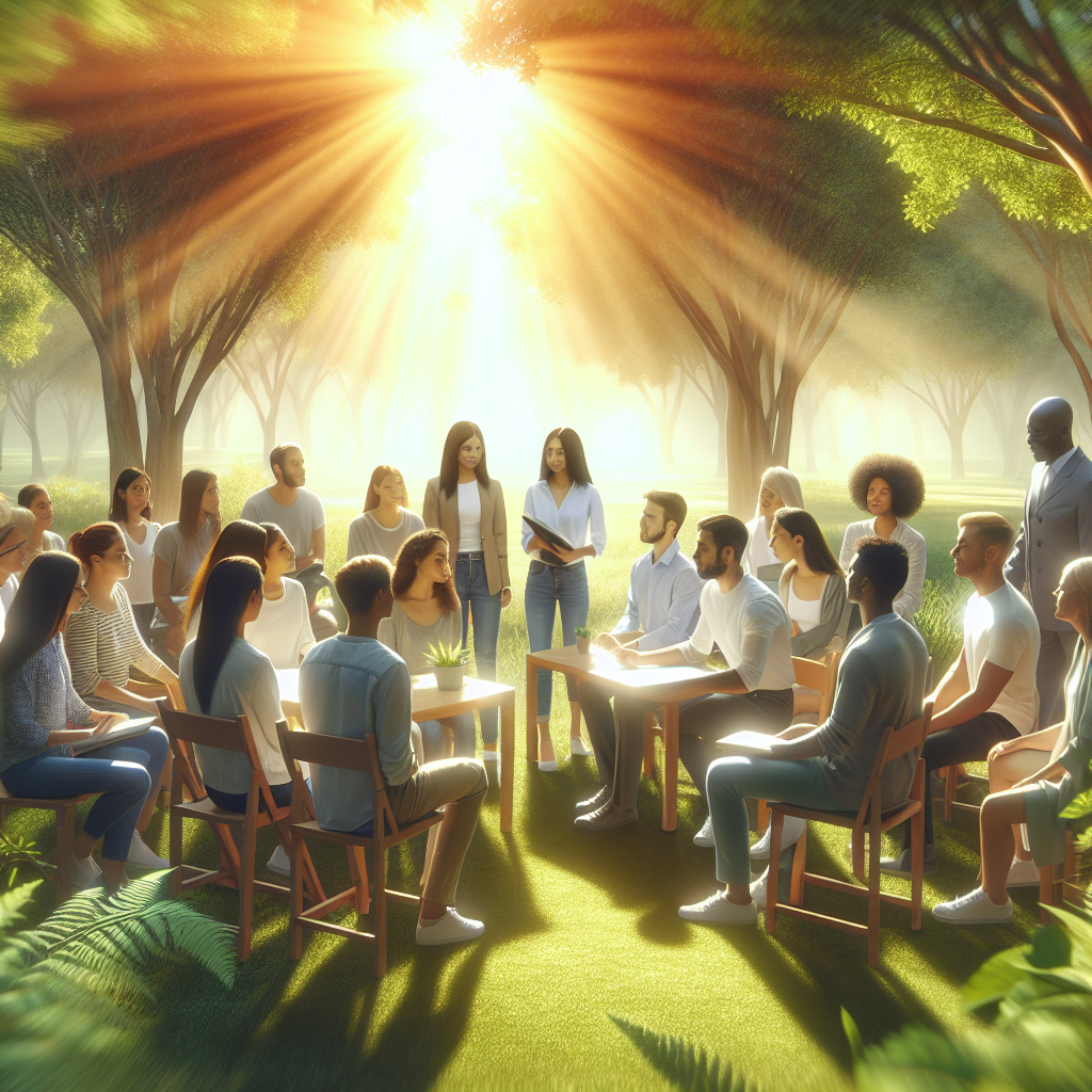A diverse group of people engaged in a coaching session outdoors with trees and sunlight in the background