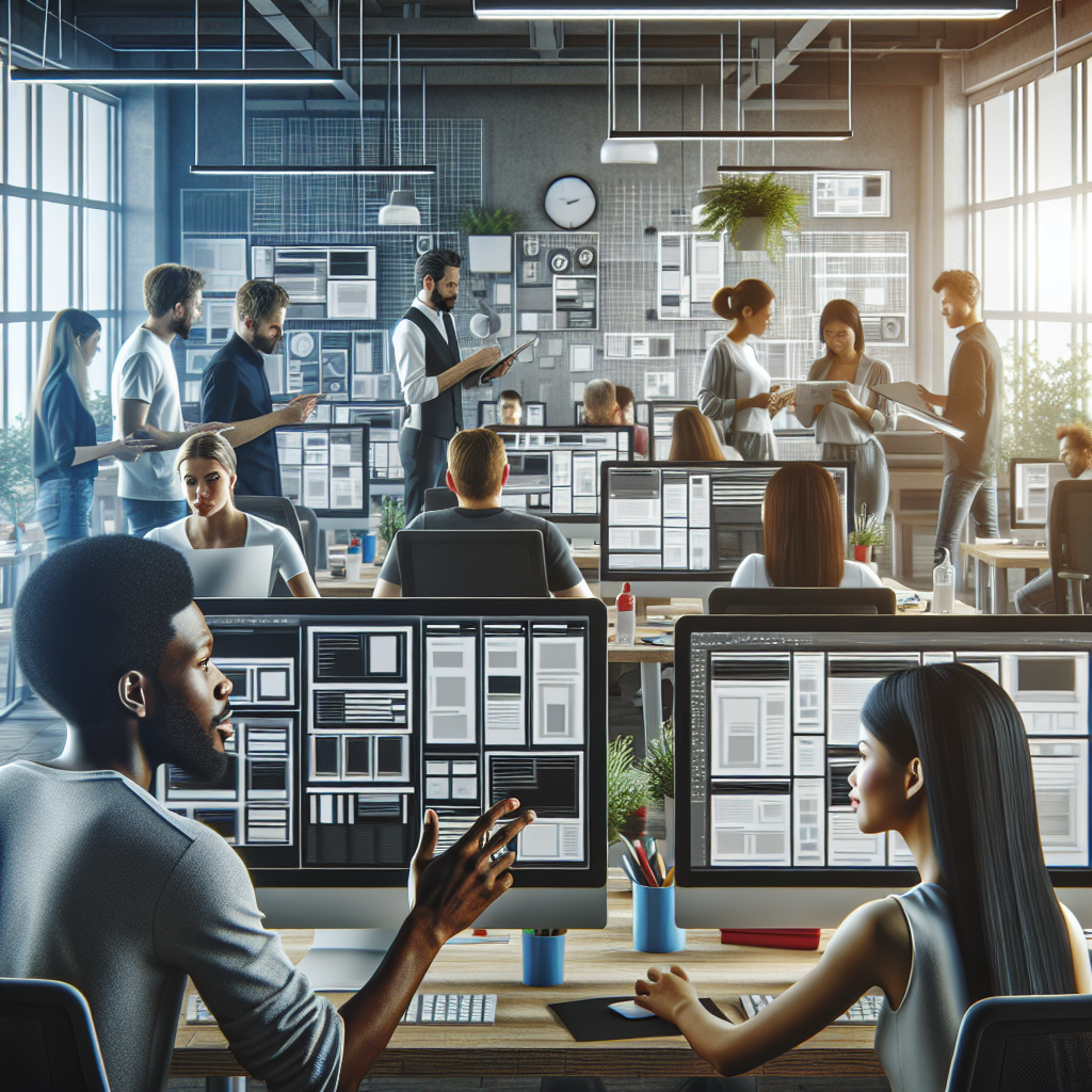 A modern web design studio with designers collaborating on responsive web layouts