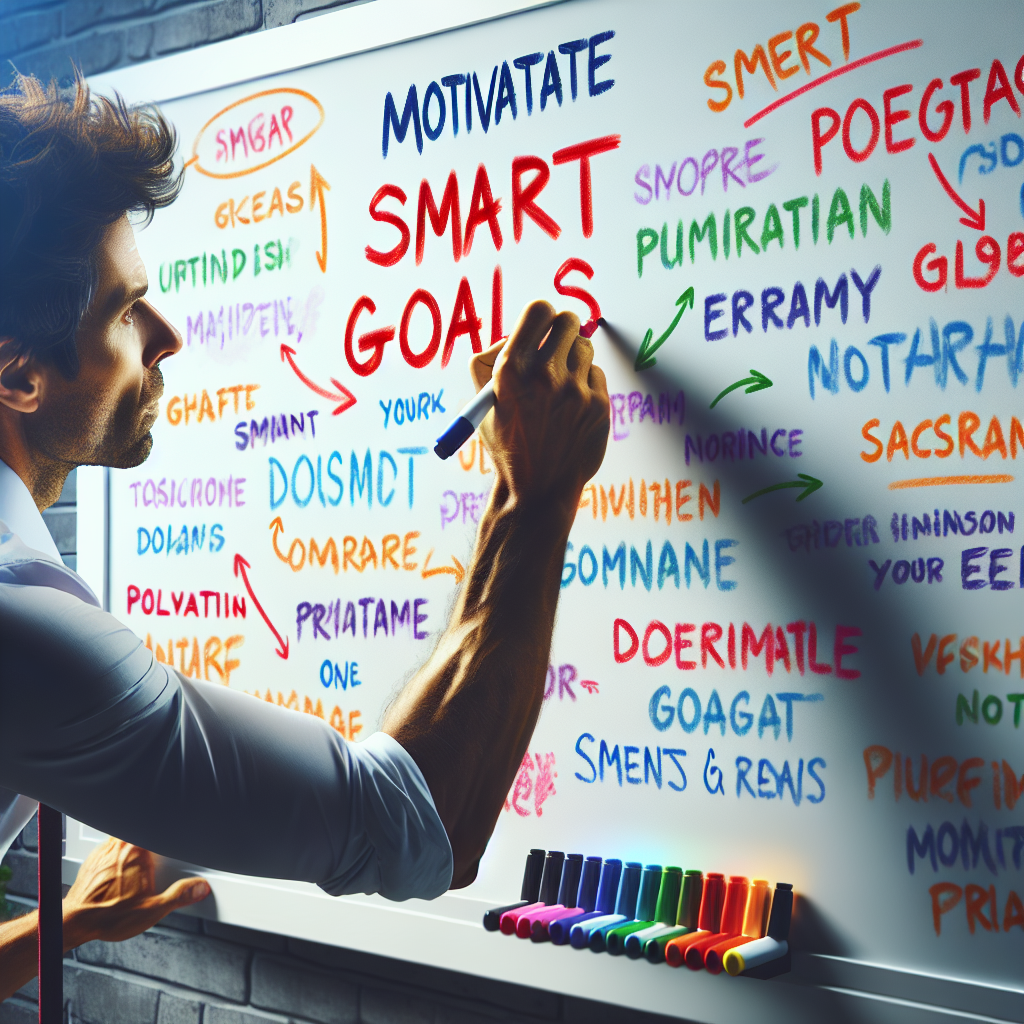 A person writing SMART goals on a whiteboard with colorful markers