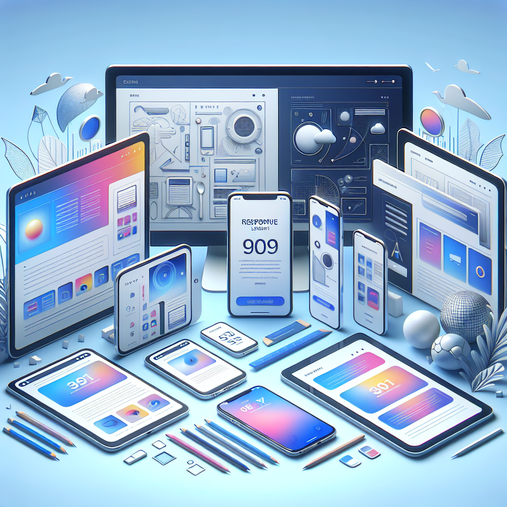 A modern web design interface showcasing responsive layouts on various devices including smartphones and tablets