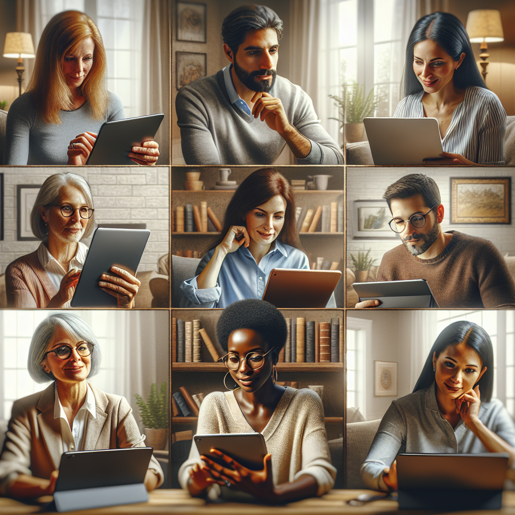A diverse group of people engaging in online coaching sessions via laptops and tablets in a cozy home environment