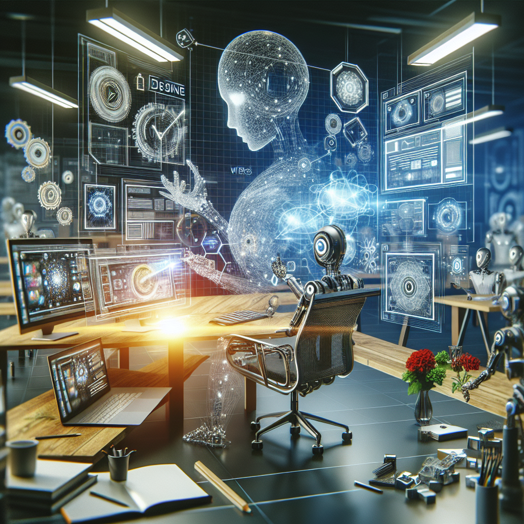 A futuristic web design studio with AI tools in action, showcasing a blend of creativity and technology