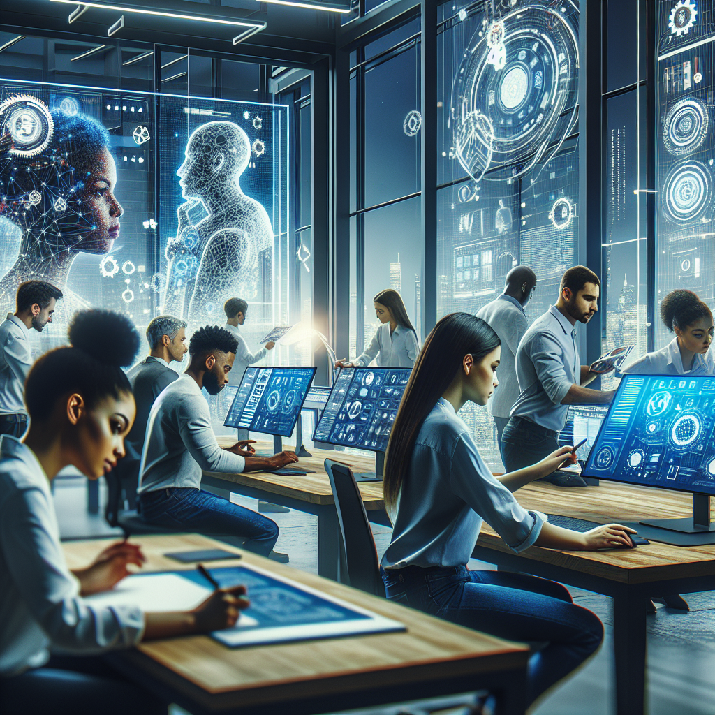 A futuristic web design studio with AI tools and digital interfaces being used by designers