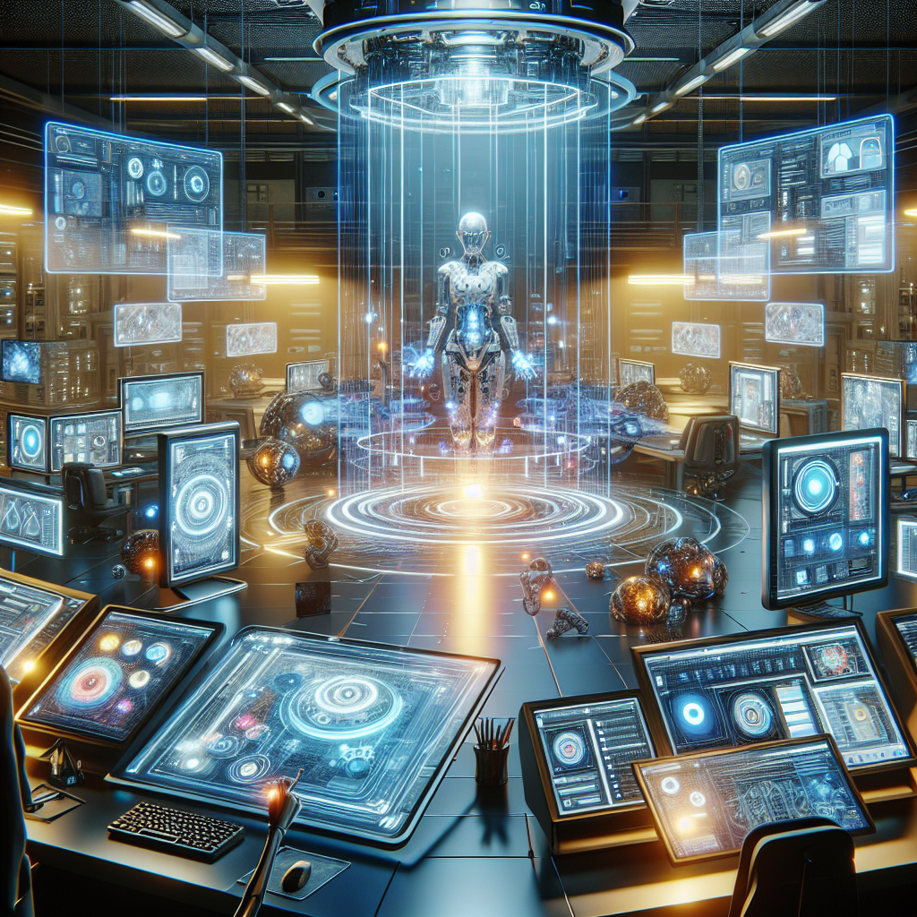 A futuristic web design studio with AI tools in action - showcasing automated design processes and personalized user experiences