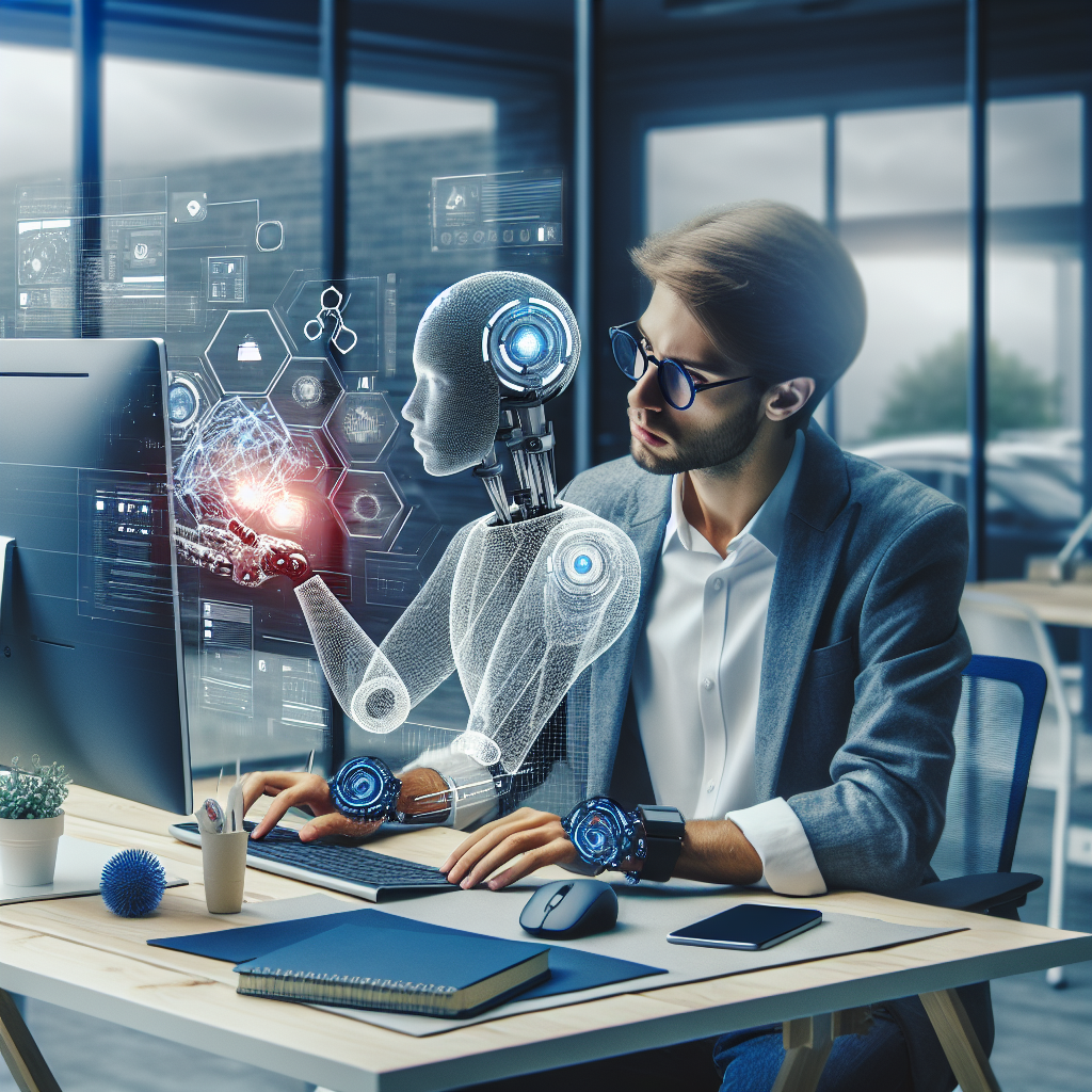 A creative web designer working on a computer with AI tools in a modern office setting