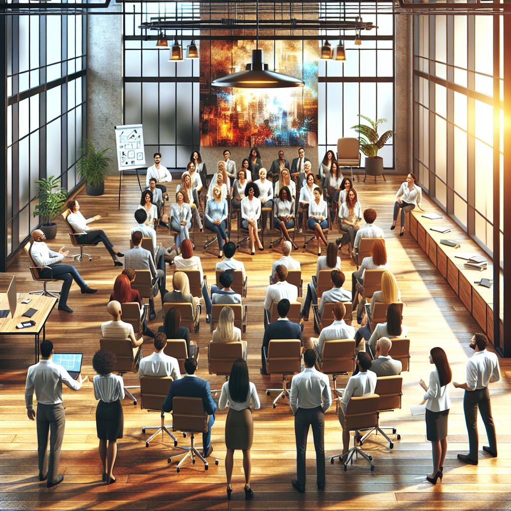 A vibrant and modern office space with a diverse team engaged in a coaching session