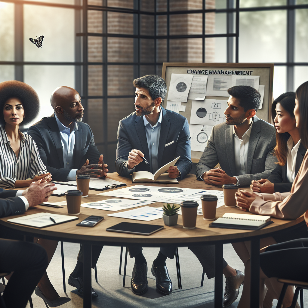 A diverse team of business professionals engaging in a dynamic coaching session focused on change management and transformation strategies