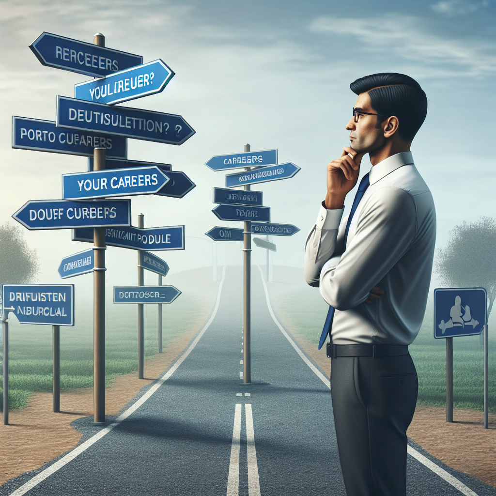 A person standing at a crossroads with various signs pointing to different career paths, symbolizing professional change and decision-making.
