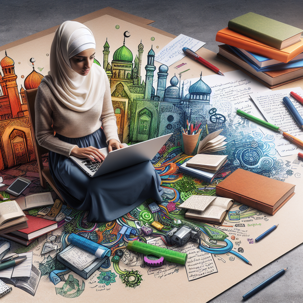 A person sitting at a desk with a laptop surrounded by books and notes on career development and personal growth