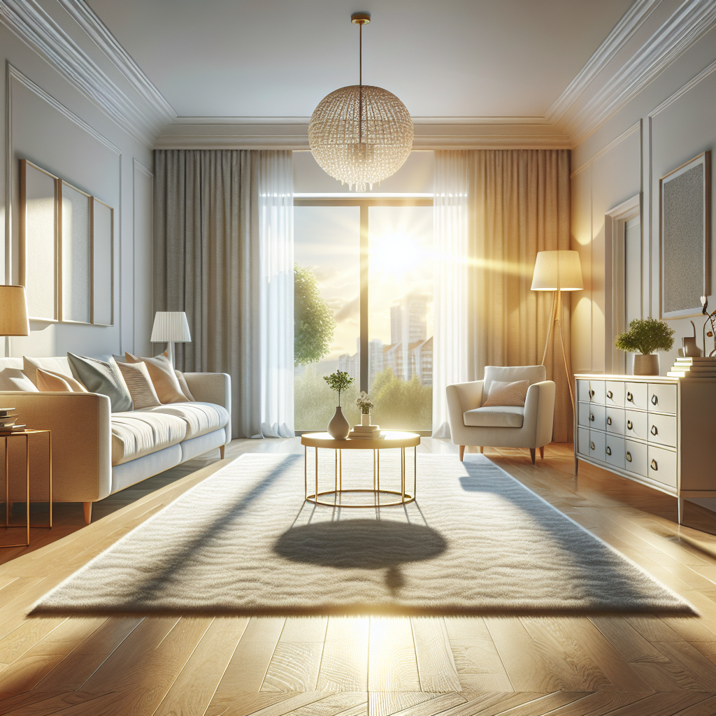A clean living room with a freshly cleaned carpet, showing sunlight streaming through the window to illustrate effective air circulation for quick drying