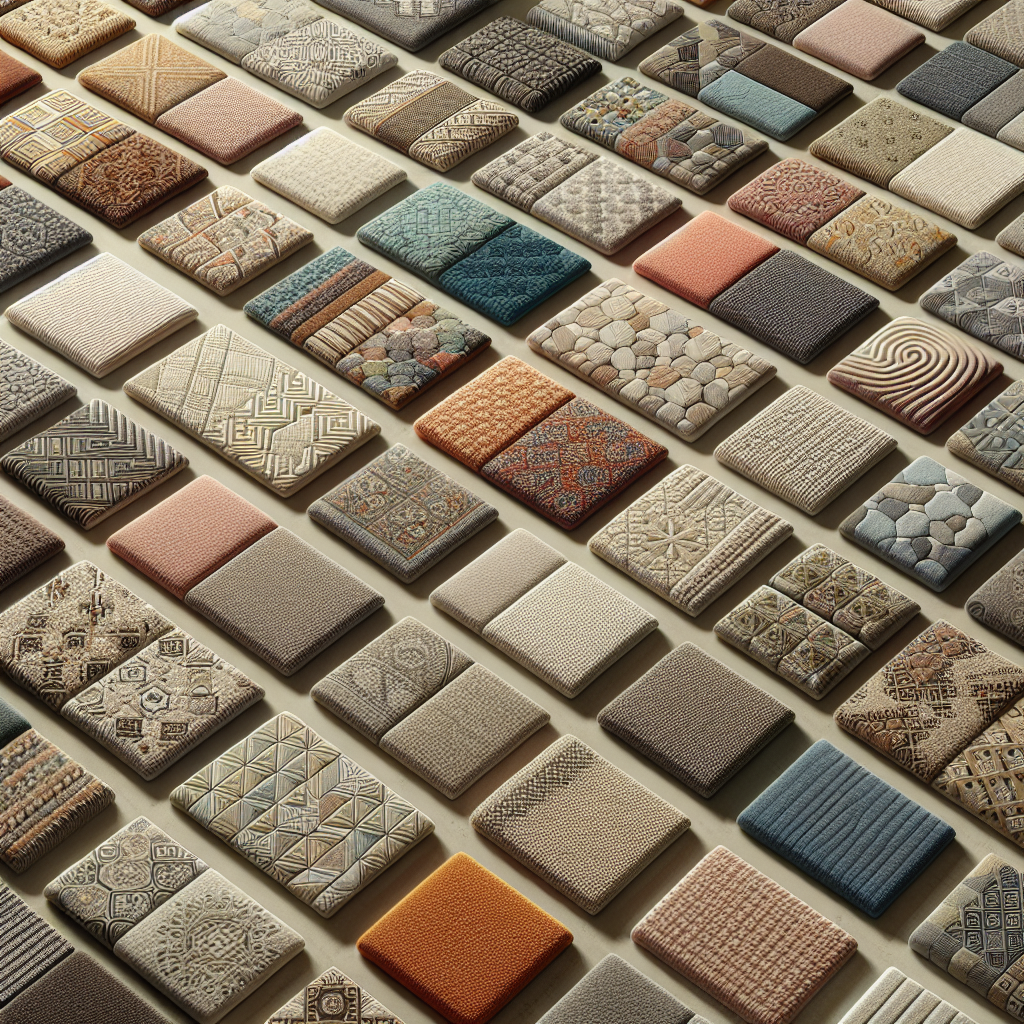 A close-up of different types of carpets laid out side by side with labels indicating their material types and their respective drying times