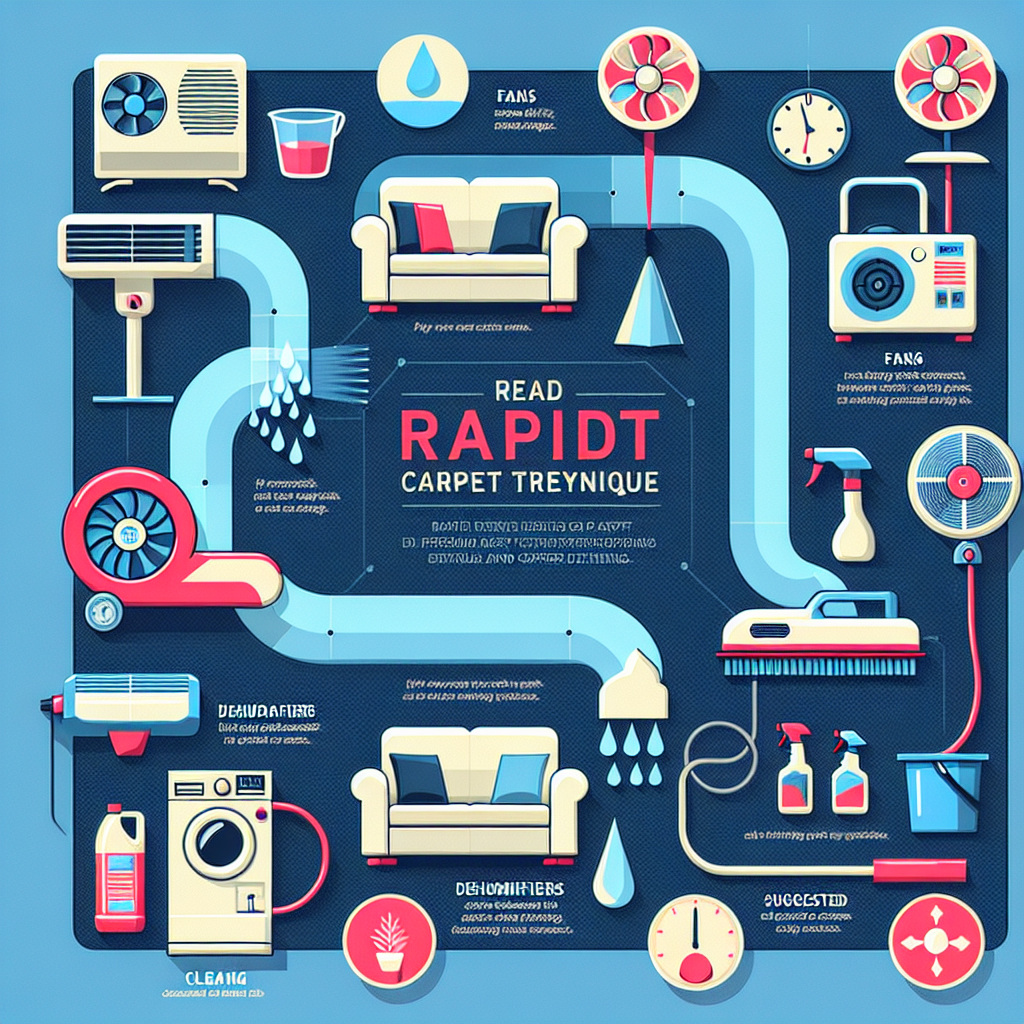 An infographic showing various quick carpet drying methods including fans, dehumidifiers, and recommended cleaning products