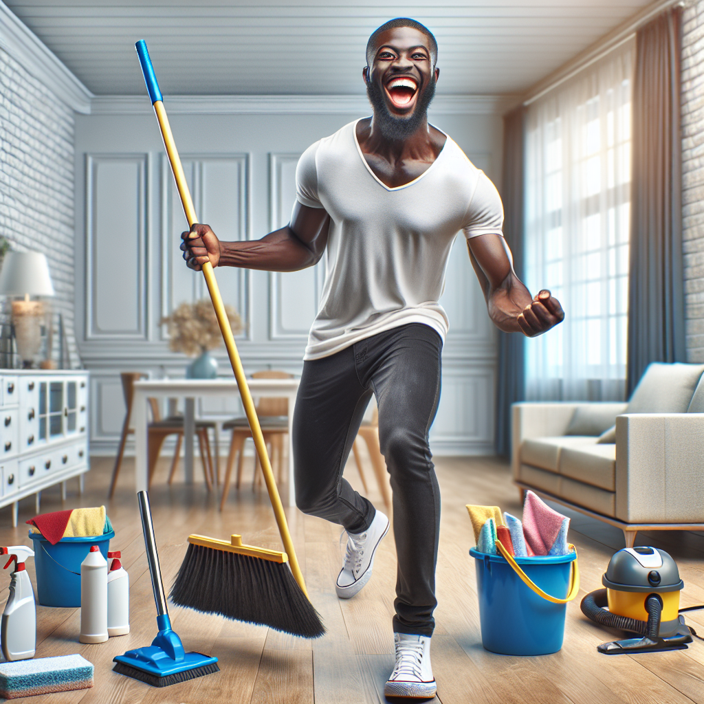 A cheerful person energetically cleaning their empty apartment with various cleaning supplies scattered around