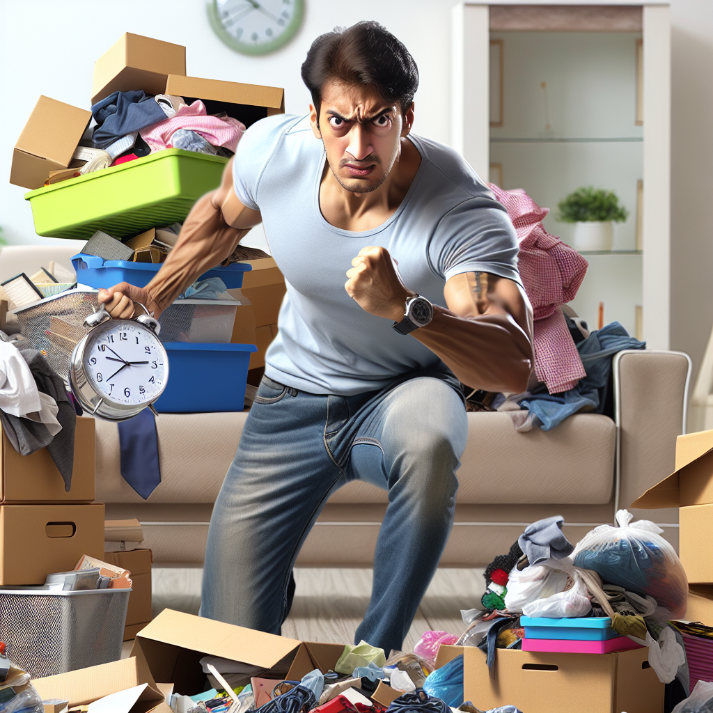 A person energetically decluttering an apartment filled with boxes and items, creating organized piles