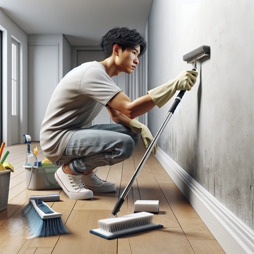 A person carefully cleaning walls and baseboards in an empty apartment with various cleaning tools