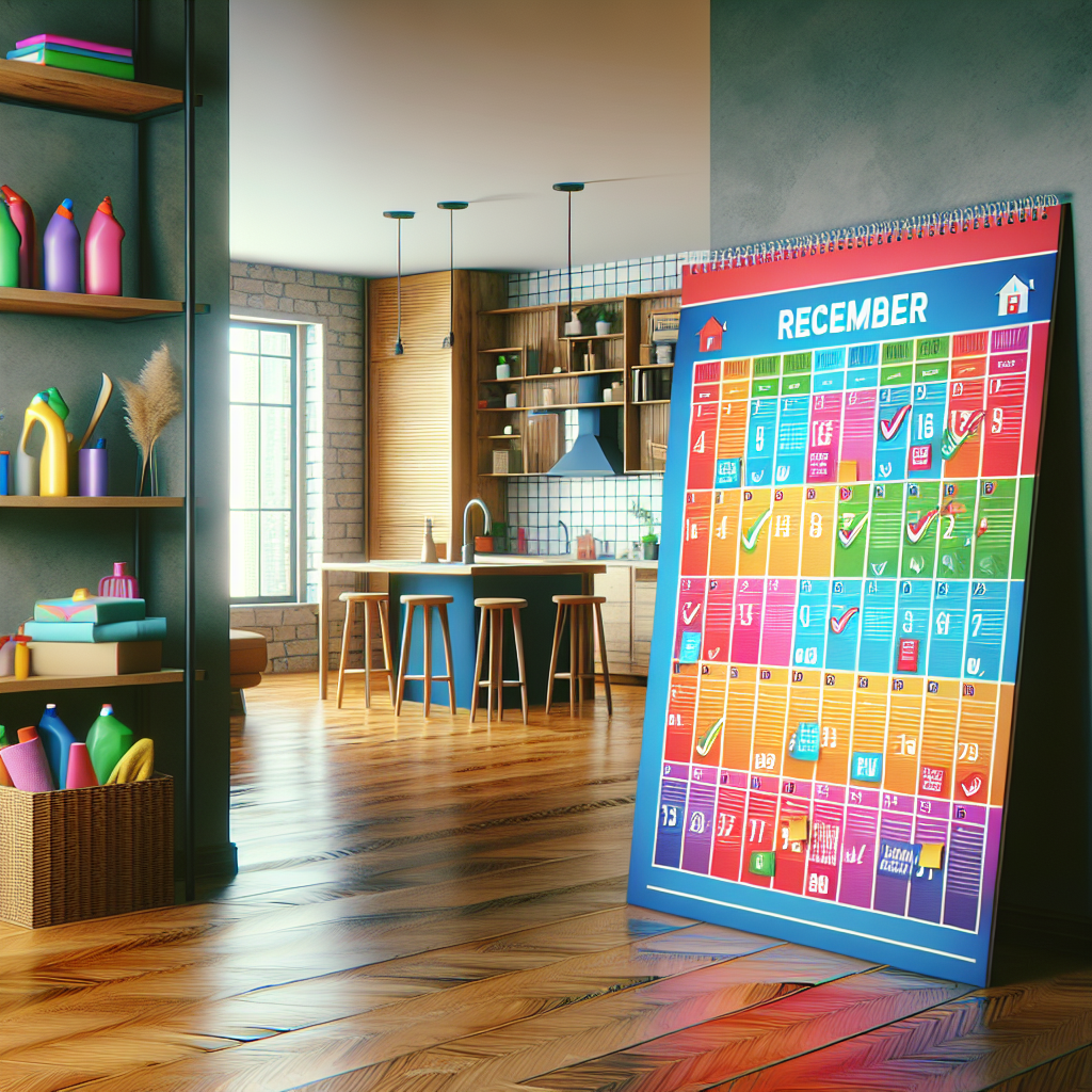 A colorful calendar filled with scheduled cleaning tasks and checklists in an empty apartment