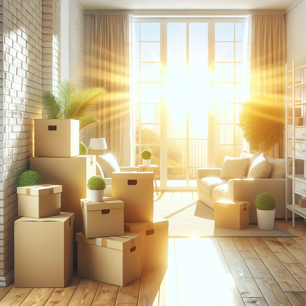 A bright and clean apartment with moving boxes packed neatly in one corner, sunlight streaming through large windows