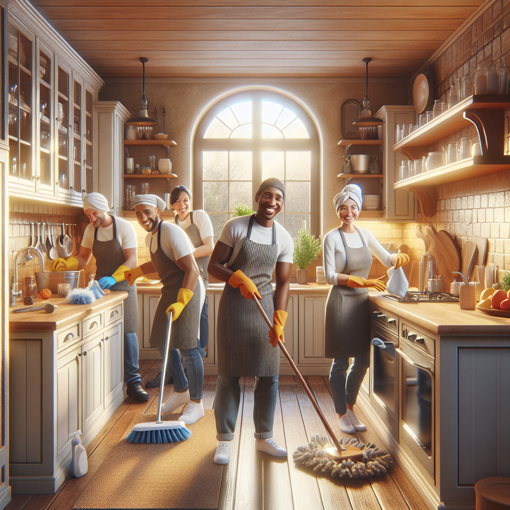A cozy family kitchen being cleaned by professionals with smiles on their faces