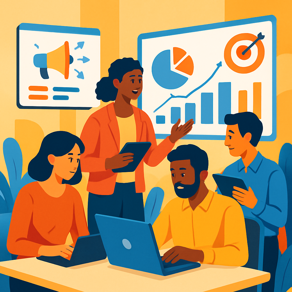 A vibrant illustration of digital marketing strategies in action, featuring diverse professionals analyzing data on laptops and tablets in a modern office setting