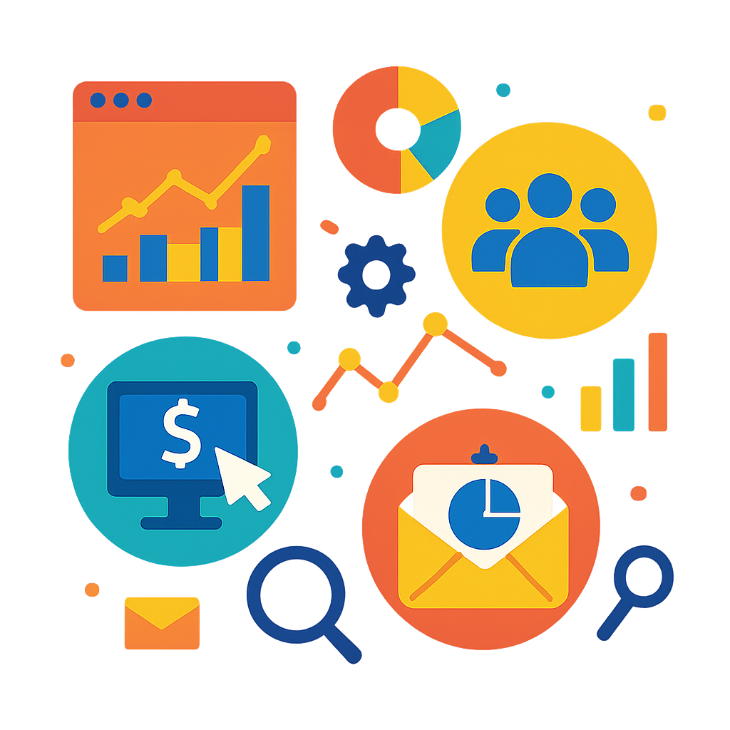 A vibrant infographic showcasing various digital marketing analytics tools with colorful icons representing Google Analytics, social media insights, PPC metrics, and email analytics.