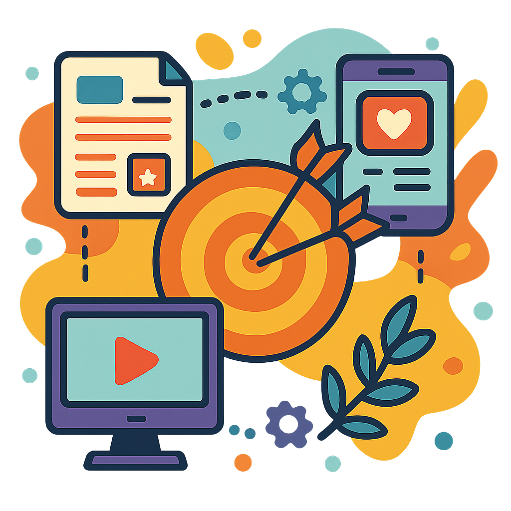 A vibrant infographic illustrating targeted content marketing strategies with icons representing blogs, videos, social media posts