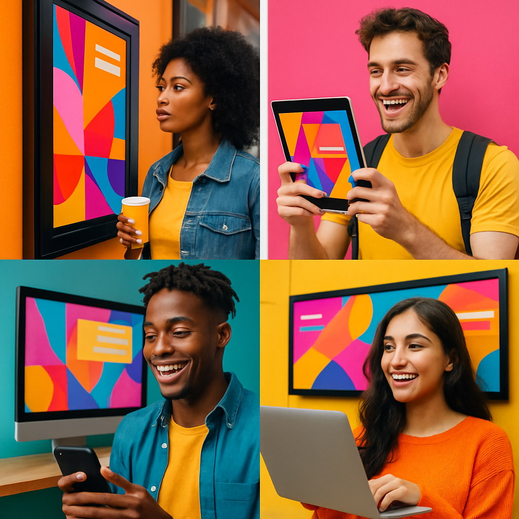 A vibrant social media advertising campaign featuring diverse demographics engaging with colorful ads on various platforms