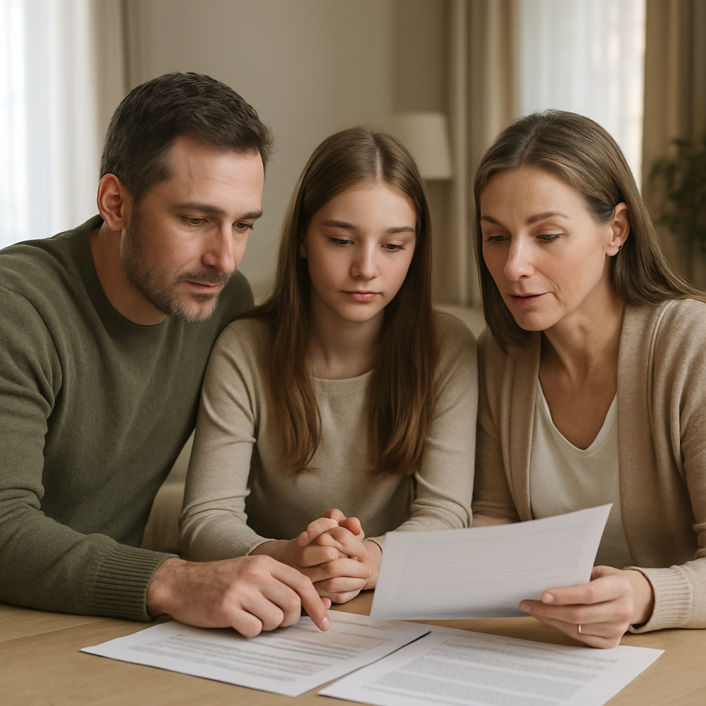 A serene family scene discussing estate planning documents at home