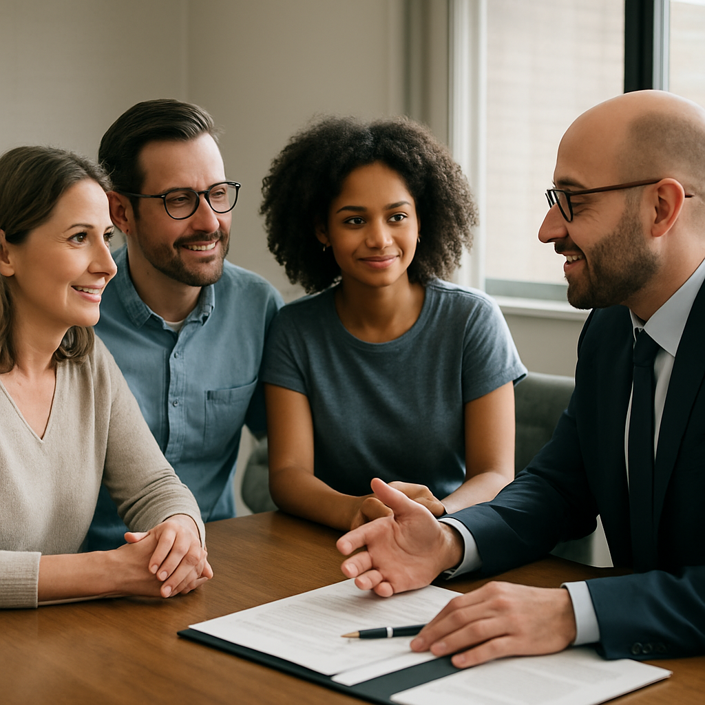 A family discussing their estate planning options with an attorney at a conference table