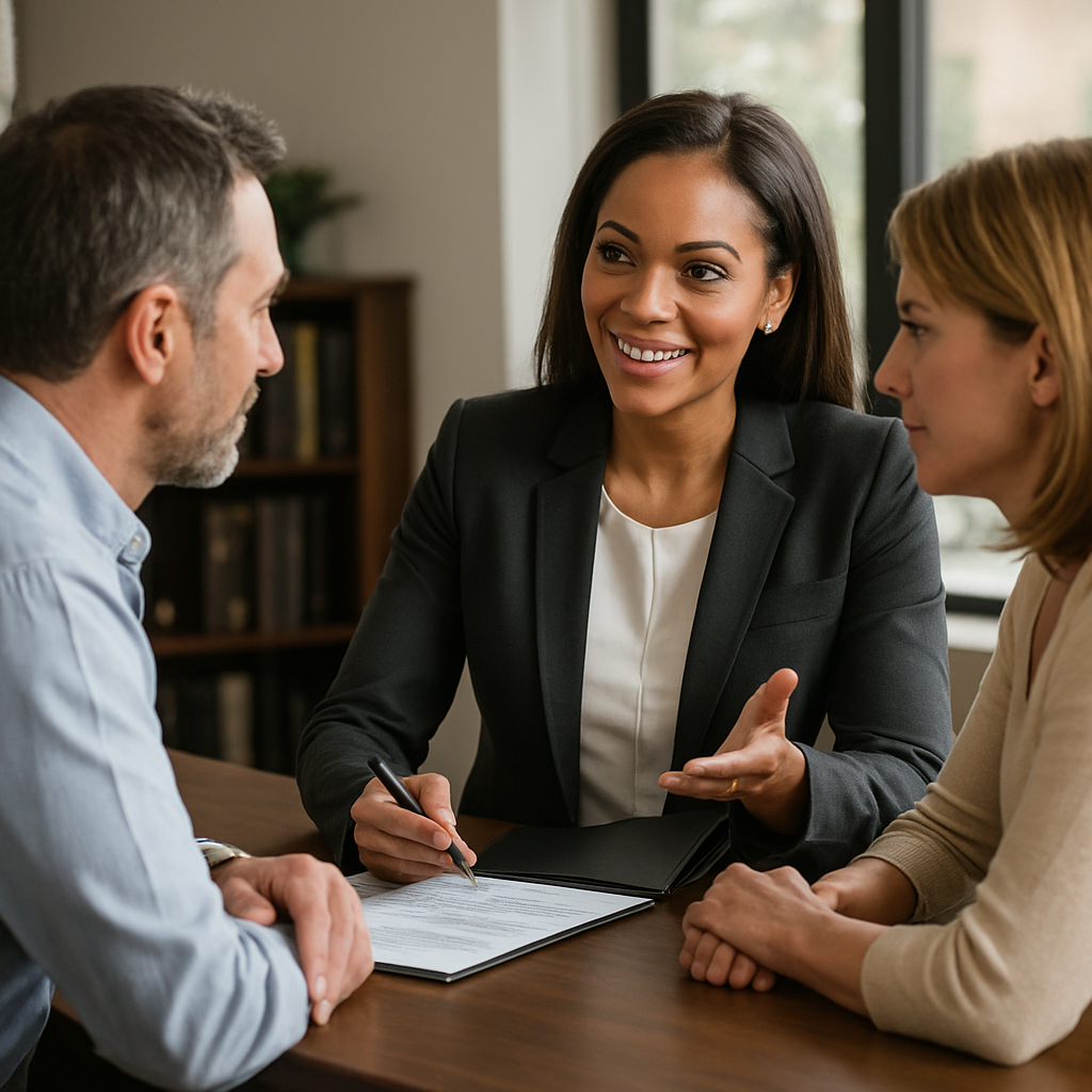 A confident estate planning attorney discussing strategies with clients at their office