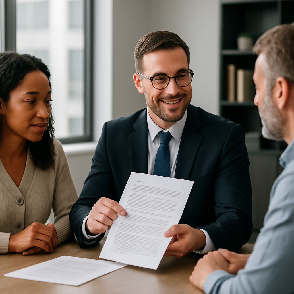 A professional estate planning attorney discussing document drafts with clients in a modern office