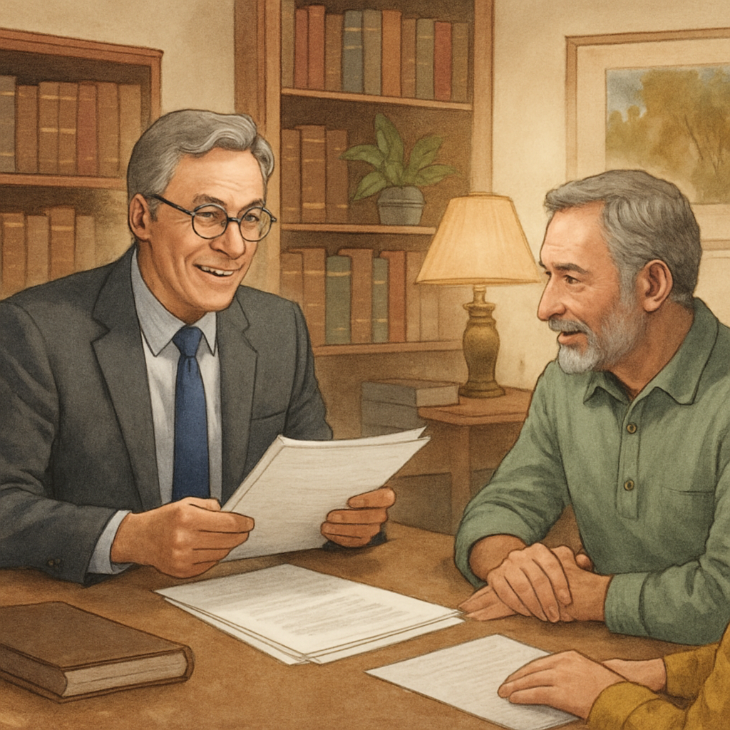 A whimsical illustration depicting an estate planning attorney reviewing documents with clients in a cozy office setting
