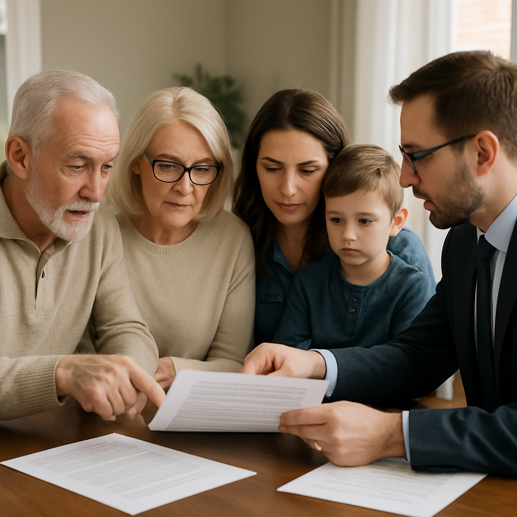 A family gathered around a table reviewing their estate plan documents with an attorney