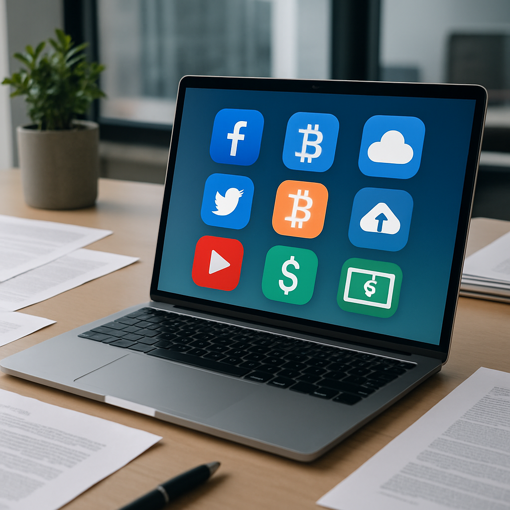 A modern workspace with a laptop showing various digital asset icons like social media, cryptocurrency, cloud storage, all surrounded by legal documents