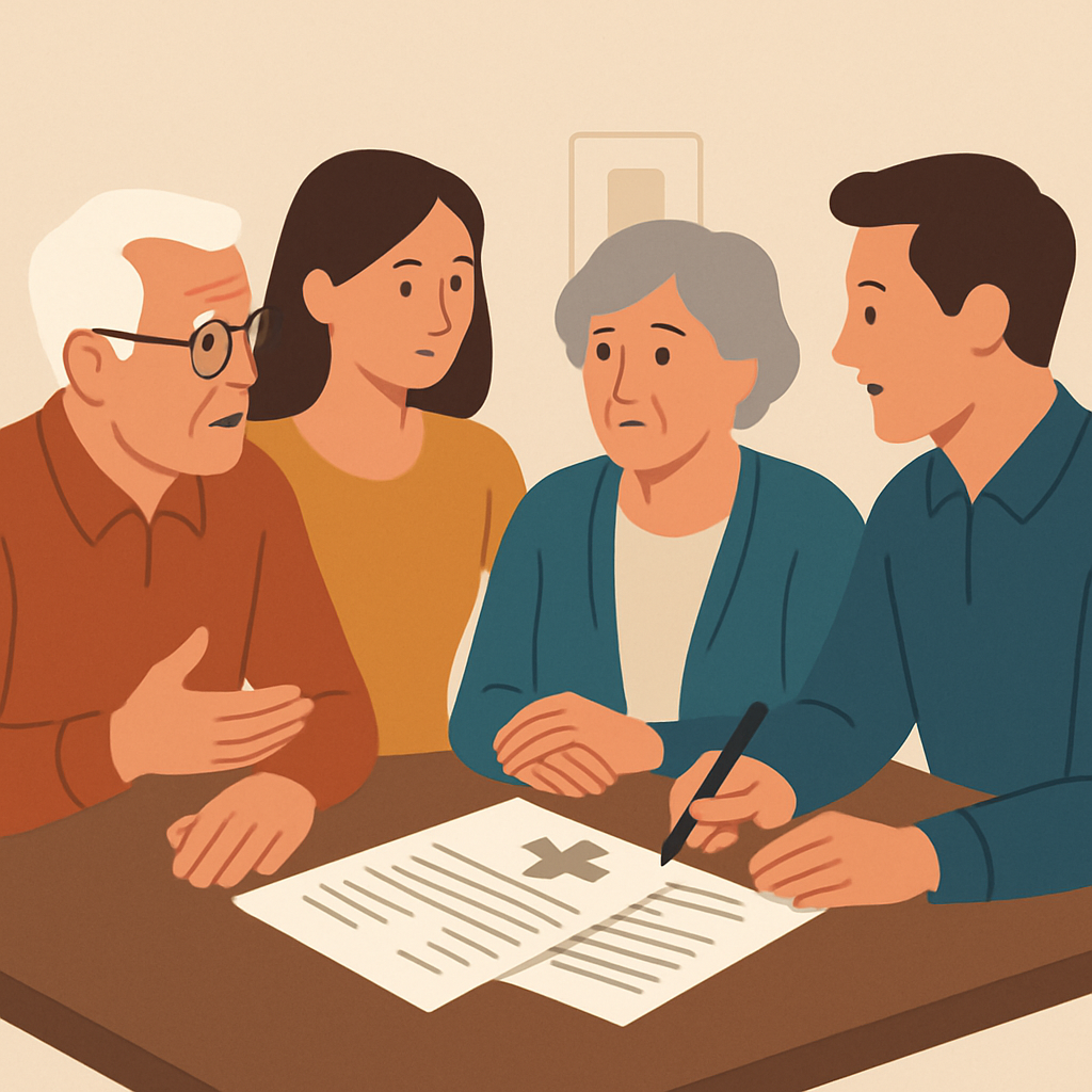 An illustration showing a family discussing healthcare directives around a table with legal documents