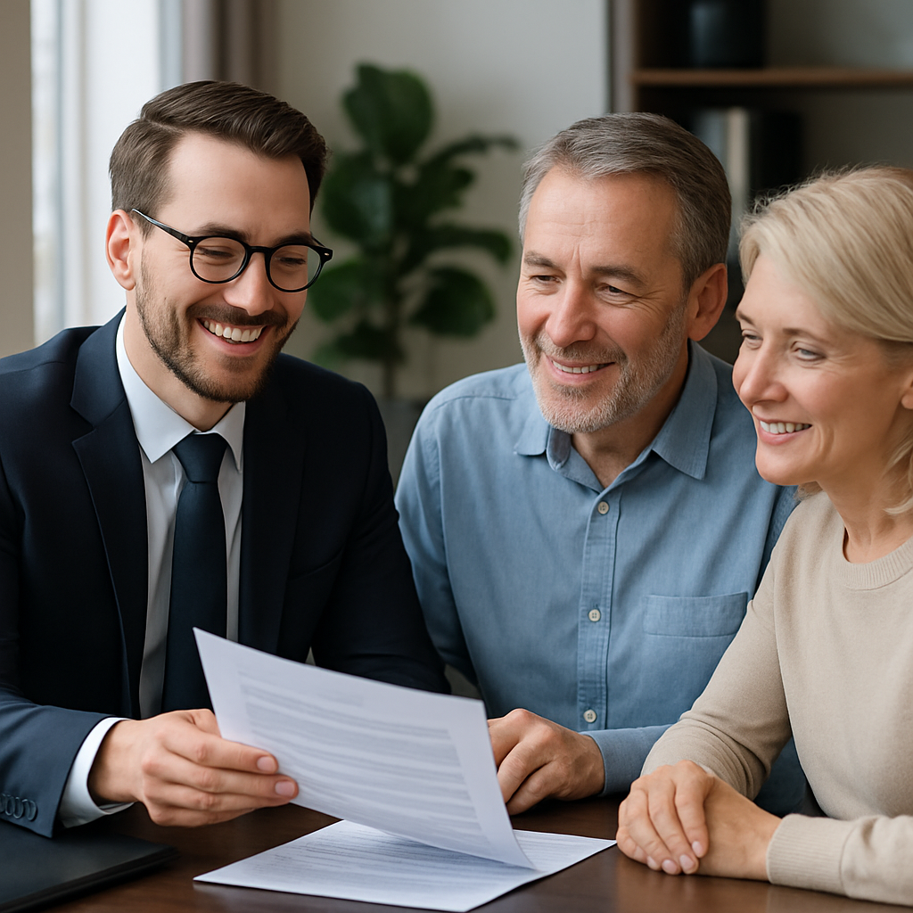 A friendly estate planning attorney discussing documents with clients in an office setting