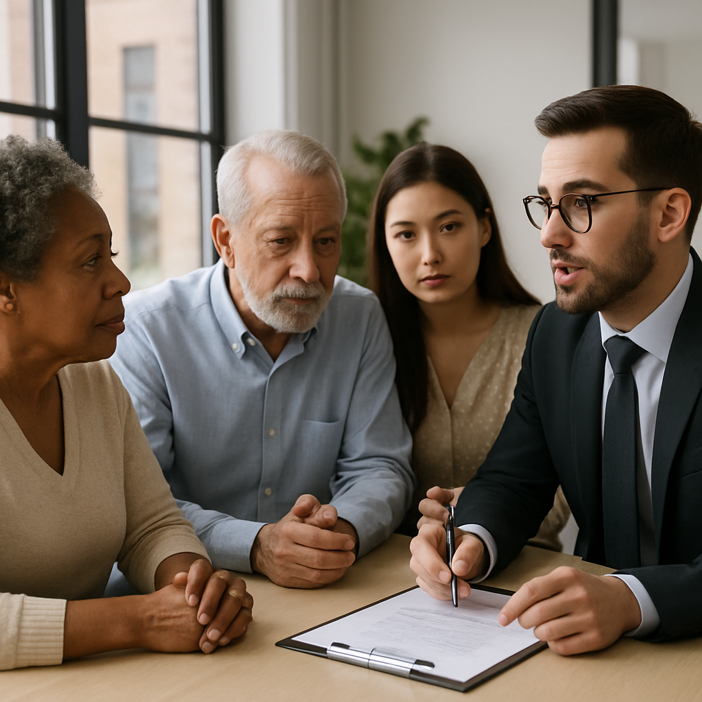 A diverse group of people discussing estate planning options with an attorney in a modern office