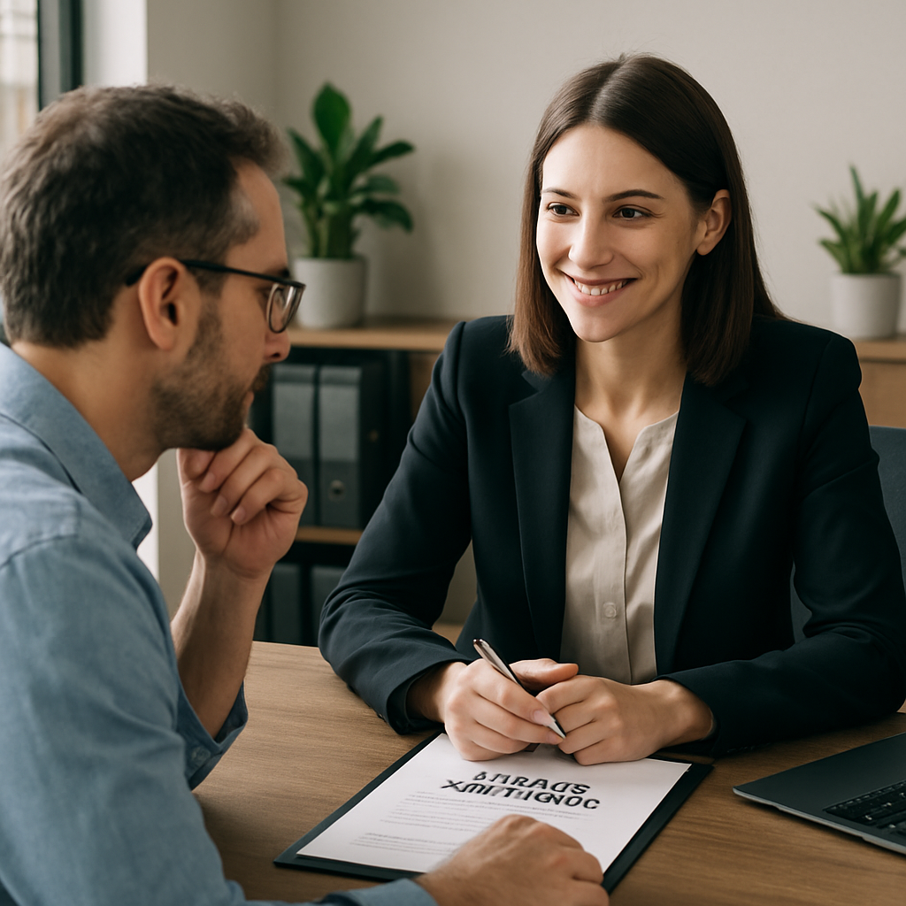 A thoughtful individual interviewing an estate planning attorney in an office setting