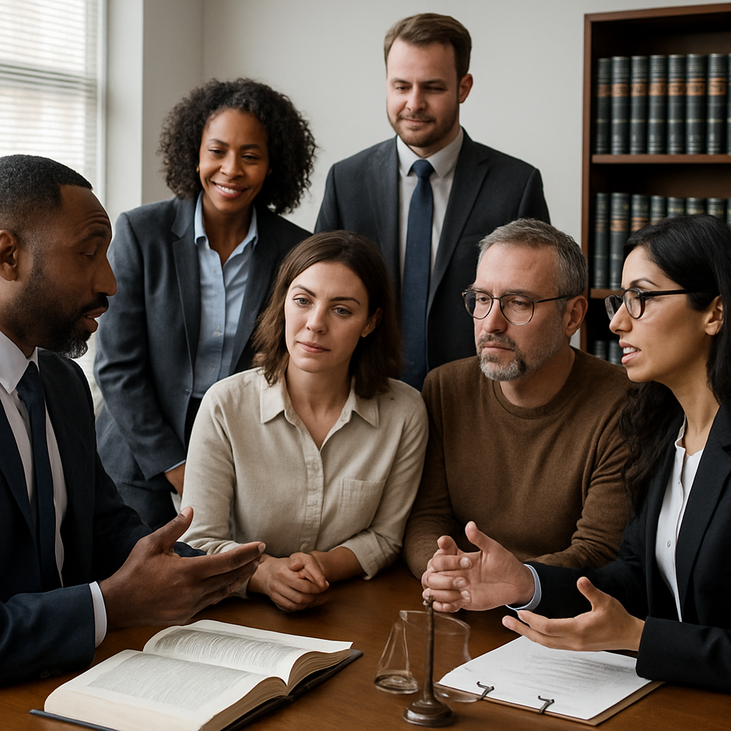 A diverse group of attorneys discussing local laws with clients in an office setting