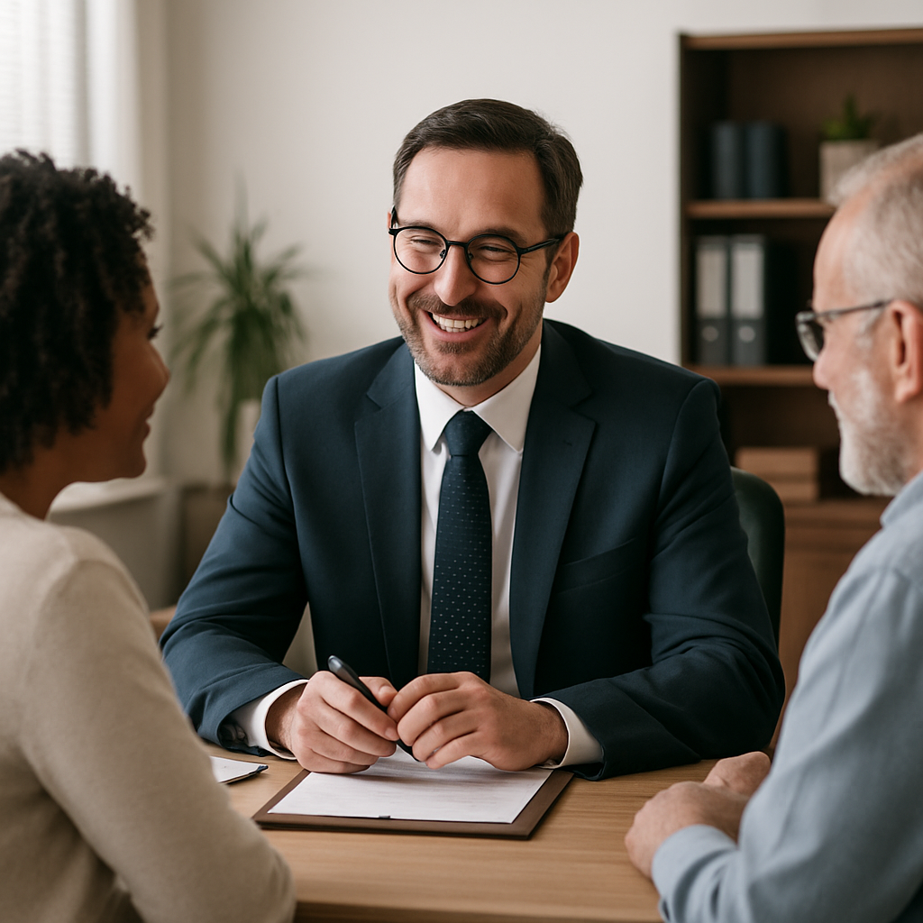 A friendly probate court attorney discussing estate planning with clients in an office setting
