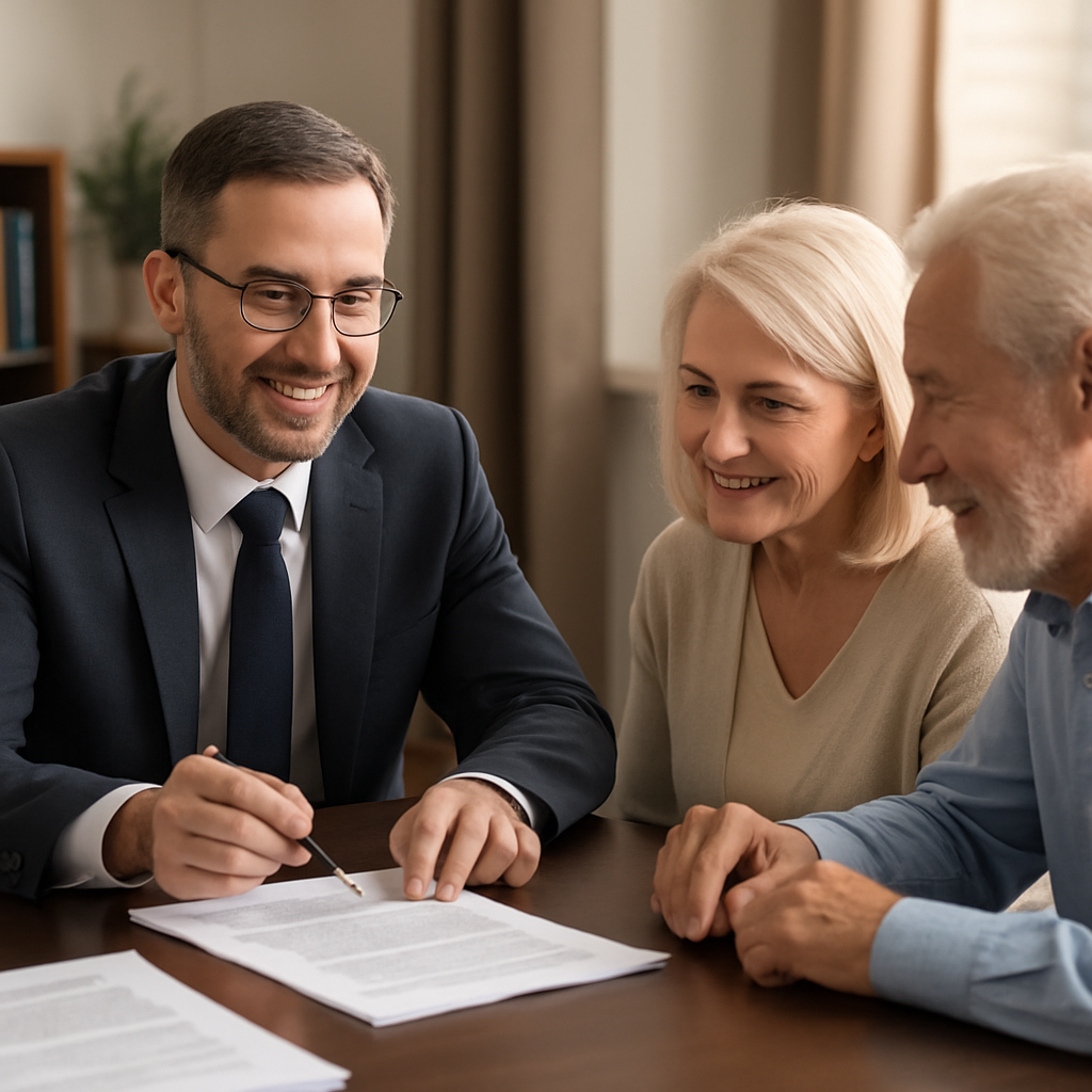 A friendly probate court attorney guiding clients through legal documents in an office setting