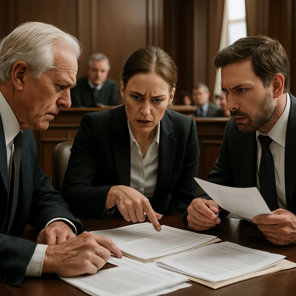 A courtroom scene depicting a probate dispute with lawyers discussing over documents