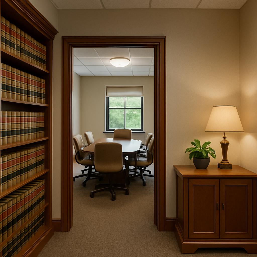 A professional and welcoming office environment of a probate law firm with bookshelves filled with legal books and an inviting conference room