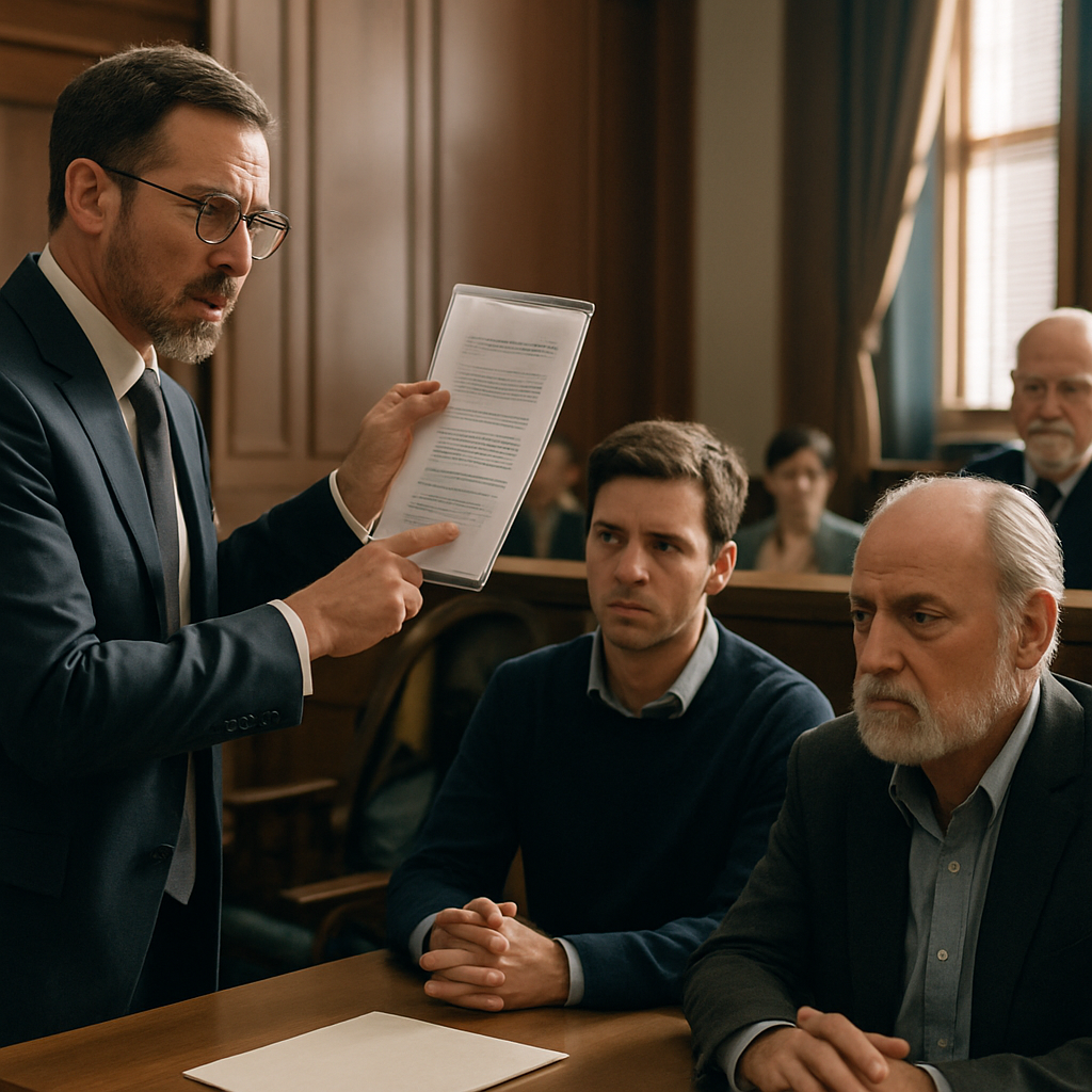 A courtroom scene depicting a probate dispute with an attorney presenting evidence, family members looking tense, and a judge observing