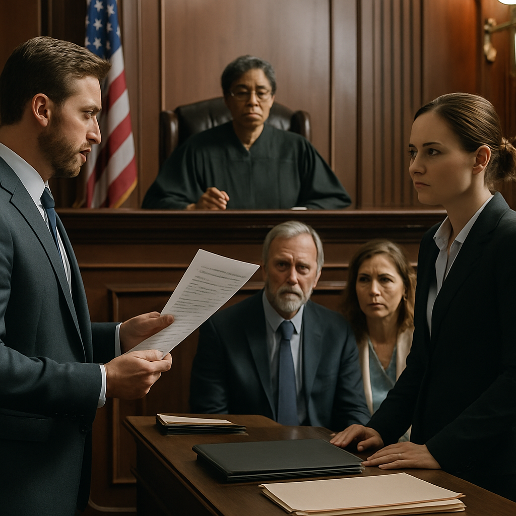 A courtroom scene depicting a probate litigation case with lawyers presenting evidence, family members looking concerned, and a judge observing