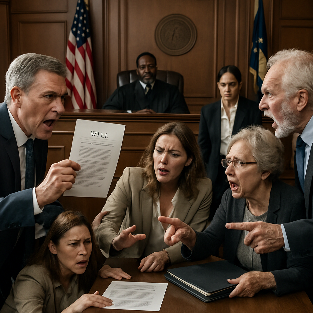 A courtroom scene depicting various types of probate disputes with people arguing over wills and trusts