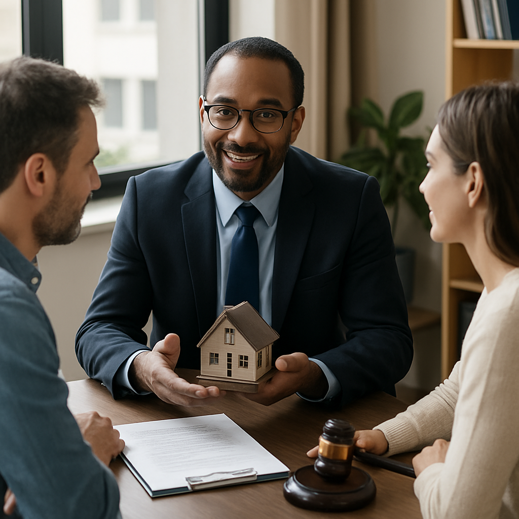 A friendly real estate attorney discussing property investment with clients in an office setting
