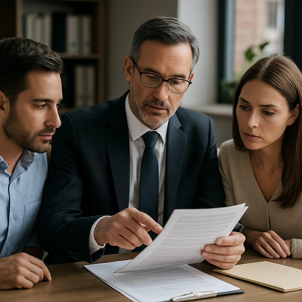 A real estate attorney reviewing complex contracts with clients in an office setting