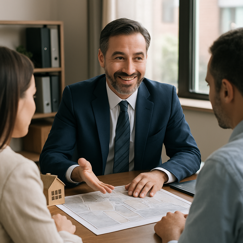 A friendly real estate attorney discussing zoning laws with clients at an office desk