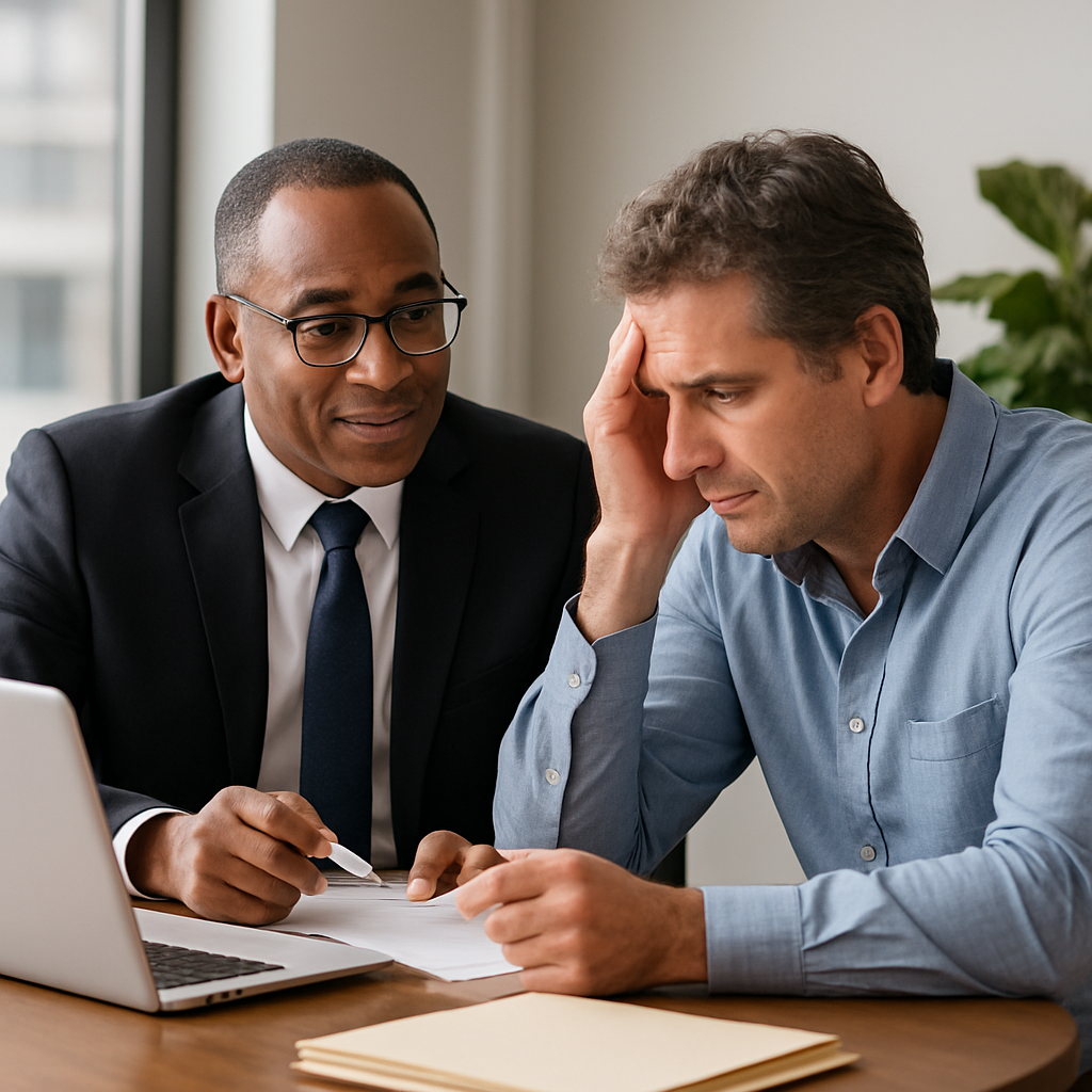A real estate attorney discussing foreclosure strategies with a concerned homeowner in an office setting